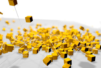 Fantasy yellow plastic cubes background. Abstract futuristic technology composition. Depth of field settings. 3d rendering