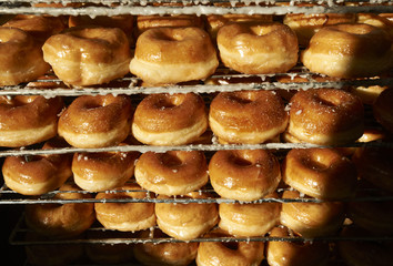 Freshly Made Donuts Getting Ready for Sale