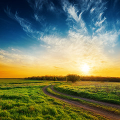 rural road in green grass and sunset in dramatic sky