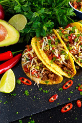 Mexican food - delicious taco shells with ground beef and home made salsa