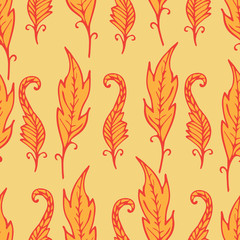 Repeating floral and feather pattern. Seamless texture with oran