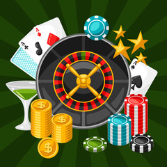 Casino gambling background or flyer with game objects