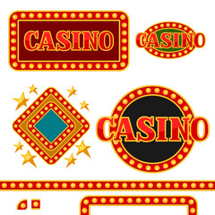 Set of casino signboards and borders with lightbulbs