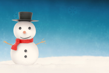 smiling snowman on snow and blue background