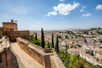 Fototapeta premium Panoramic view of Alcazaba of Alhambra and Albaycin (Albaicin, Albayzín, Albaicín), an old Muslim district of Granada, Spain