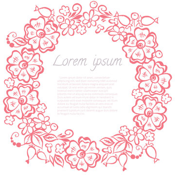 Leaf and Flowers round frame. Vector illustration of natural wreath