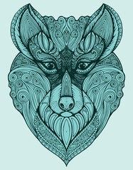 Portrait of a wolf. The dog's head. Line art. Black and white drawing by hand. Stylized. Decorative. Tattoo. Indian .  decorated with feathers.