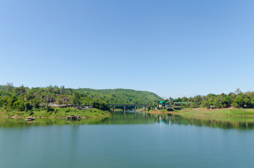 Fototapeta na wymiar Lake with bridge in Kanchanaburi, Thailand ,landscape