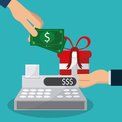 Cash register and gift icon. Shopping commerce market theme. Colorful design. Vector illustration