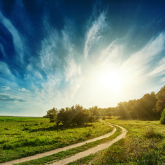sunset over road in wood