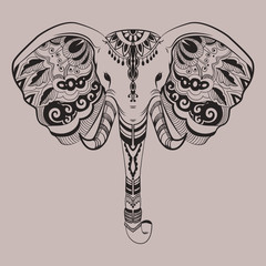 Naklejka premium Stylized elephant head, Indian Animal. Ornamental doodles. Line art. hand drawn linear tangled illustration. Tattoo tribal design.