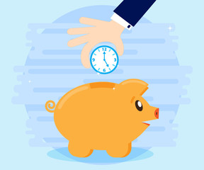 Businessman hand down clock in pig piggybank. Business concept. Time more than money. Time is an investment. Flat style
