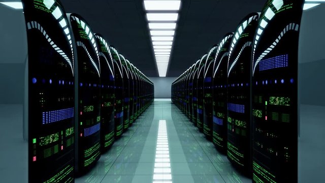 Modern server room. Working data servers with flashing LED lights