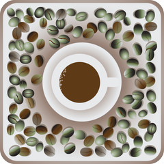 A Cup of coffee and the green coffee bean. Composition for the decoration of banners, posters, wrapping paper, textiles, tapestries.
