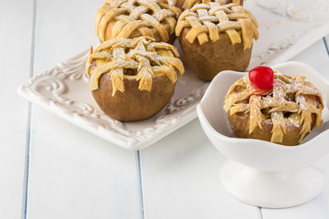 Fresh baked apple pie in apple.