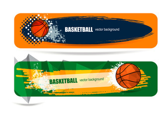 Set sports banners for basketball. Grungy background. Template Basketball design. Polygon ball. Geometric background.