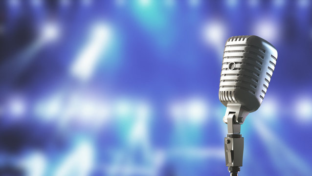 Microfono vintage con sfondo palcoscenico render