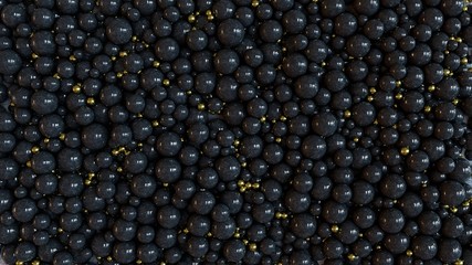 A mass of dark stone balls with some small beautiful shiny golden spheres in it. 3D rendering. Abstract background.