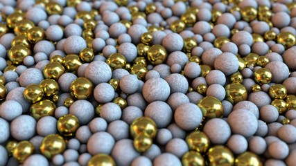 A mass of stone balls with some golden ones focused. 3D rendering. Abstract background.