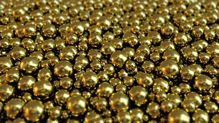 A mass of beautiful shiny golden balls focused. 3D rendering. Abstract background.