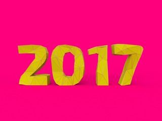 Rough lowpoly yellow 2017 digits with golden edges on a pink background. 3D Render.