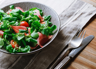 Close-up of salad with meat on plate