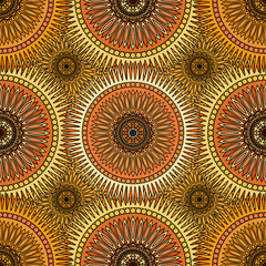 Seamless golden pattern with oriental mandalas. Islam, Arabic, Asian motifs. Kaleidoscope print. Vintage lace mood. Fabric, wallpaper or wrapping