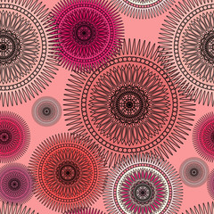 Seamless magenta pattern with oriental mandalas. Islam, Arabic, Asian motifs. Kaleidoscope print. Vintage lace mood. Fabric, wallpaper or wrapping
