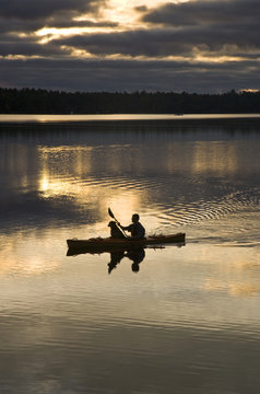 Young man kayaking with dog on Gull Lake near Gravenhurst, Ontario, Canada.