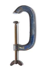 An open, metal wood working clamp isolated on a white background