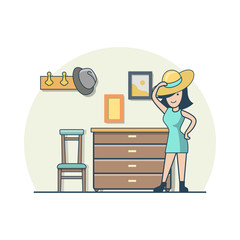 Linear Flat woman try on hat in hallway vector. Casual life
