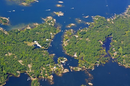 aerial view of the Georgian Bay Cottage Country  area, near Roberts and Little Beausoleil Island, Ontario Canada