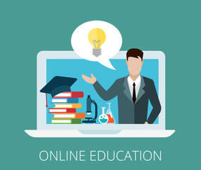 Flat teacher laptop screen vector illustration education courses