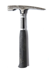 A black and silver brick hammer isolated on a white background