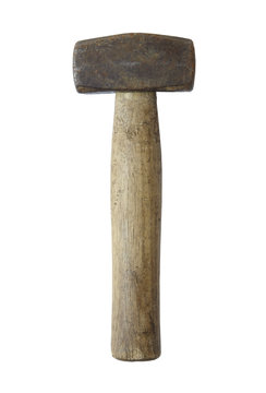 A large metal and wooden mallet isolated on a white background