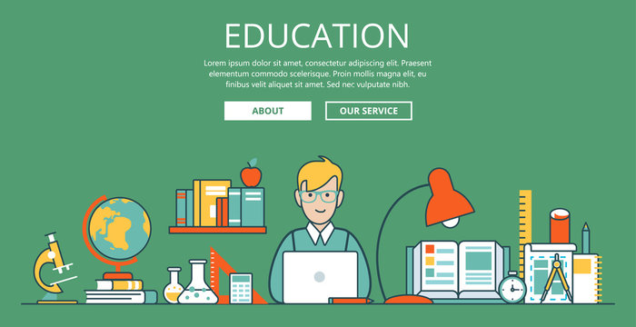 Linear Flat student laptop education website vector illustration