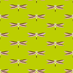 Lime pink dragonfly seamless pattern on lime background.