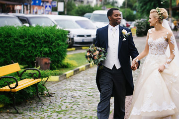 Bride and groom walking
