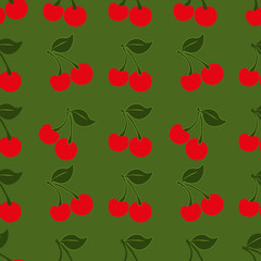 Cherry seamless pattern on green background .