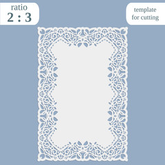 Greeting card with openwork border,  rectangular paper doily, template for cutting, wedding invitation, decorative plate is laser cut, frame with lace edge, vector illustrations.