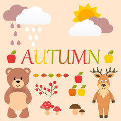 Naklejka premium cartoon autumn set with bear and deer