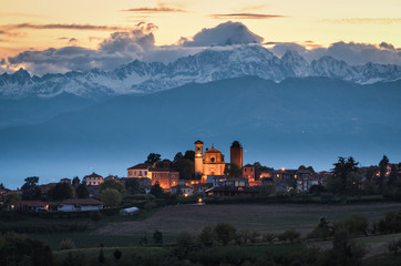 Pecetto torinese and the Monviso at sunset