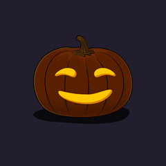 Carved Smiling Scary Halloween Pumpkin, a Jack-o-Lantern on Dark Background, Vector Illustration