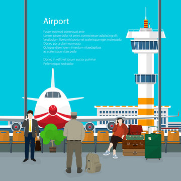 Waiting Room in Airport and Text , View on Airplane and Control Tower through the Window from a Waiting Room , Travel Concept, Flat Design, Vector Illustration