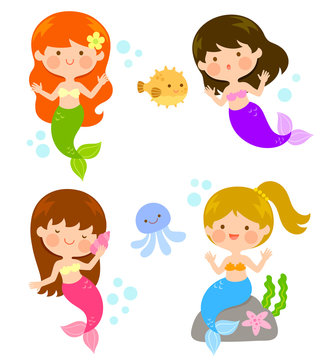 four cute cartoon mermaids under the sea
