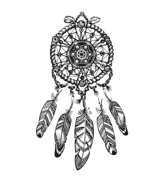 Indian dream catcher with ethnic ornaments. Vector illustration isolated on white background
