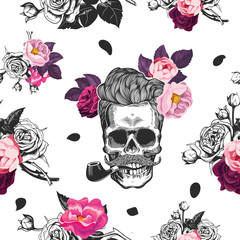 Spring mood. Seamless pattern with the skulls, boquets of roses in the background. Skull silhouette in engraving style. Fashion illustration. Vector.