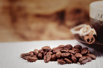 closeup cinnamon and  coffee beans
