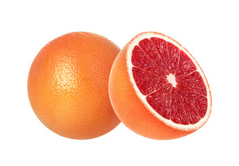 Whole and half pink grapefruits isolated on white background