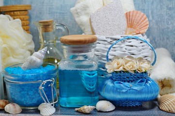 SPA - Aromatic sea salt and scented soap, scented candles and massage oil and accessories for massage and bat
